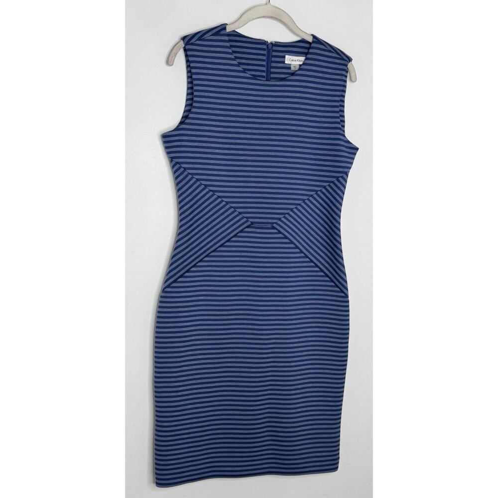 Calvin Klein Women’s Blue Stripe Sleeveless Ponte Sheath Dress Size 8 - Picture 2 of 5